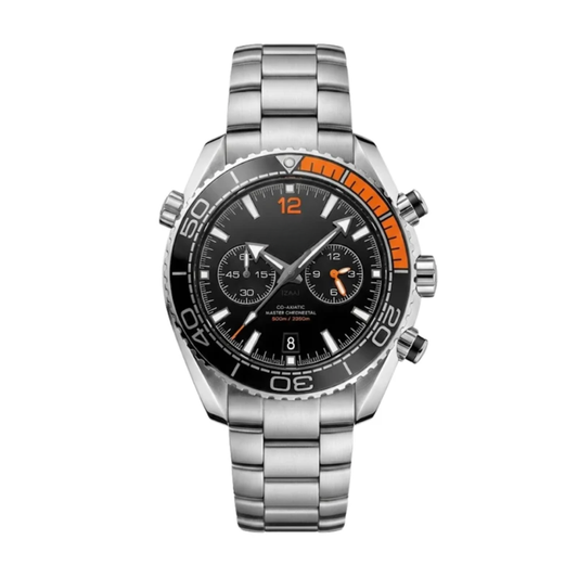 Ocean Diver Chrono 45 – Black Dial With Orange Accents | Stainless Steel Bracelet